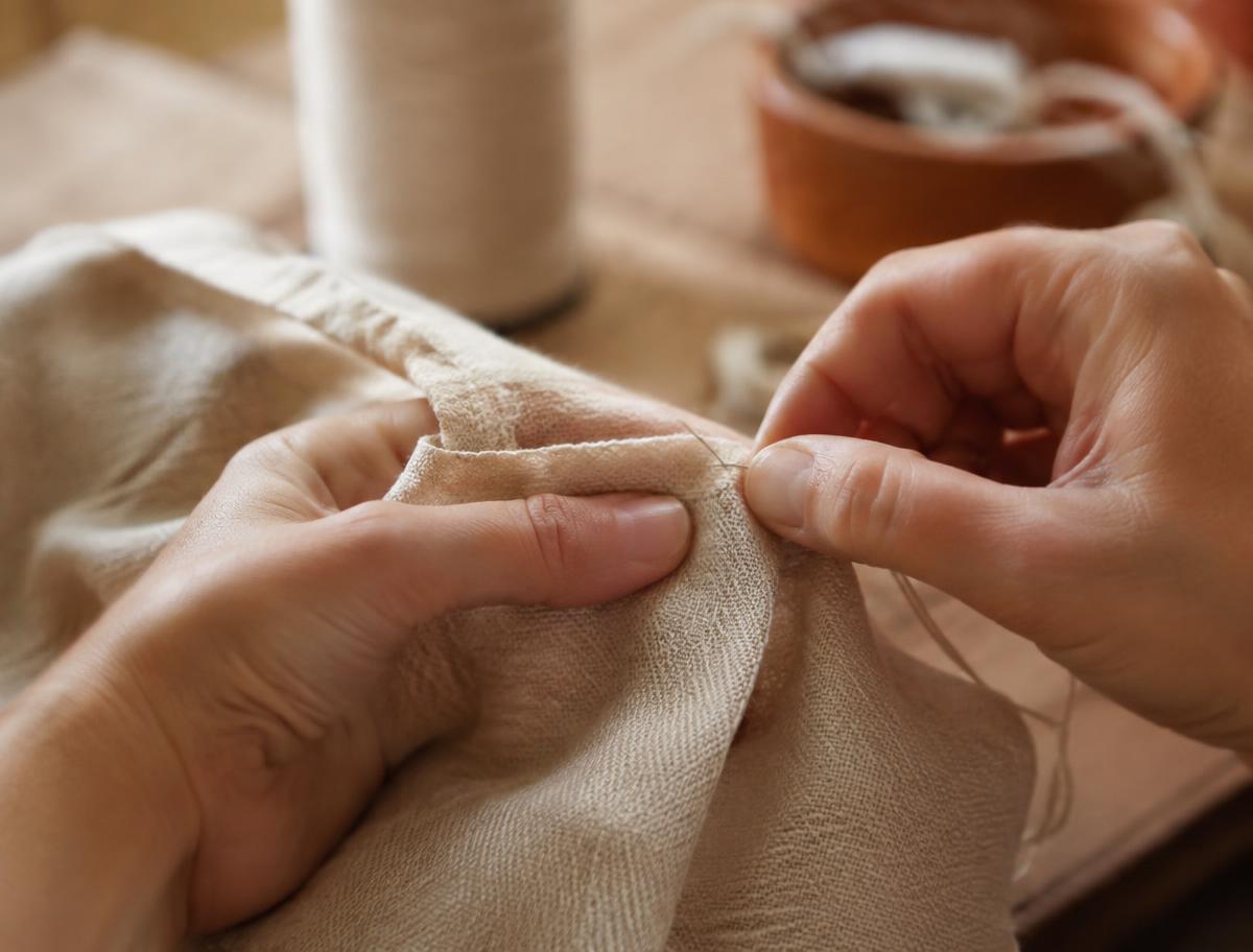 Hands hand-finishing woven cloth in the atelier